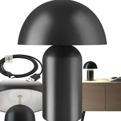 tectake® Akku-Tischlampe, Retro-Pilzdesign im 70er-Jahre-Stil, indirektes Licht, Touchschalter, inkl. Ladekabel, 25 x 34 cm