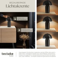 tectake® Akku-Tischlampe, Retro-Pilzdesign im 70er-Jahre-Stil, indirektes Licht, Touchschalter, inkl. Ladekabel, 25 x 34 cm