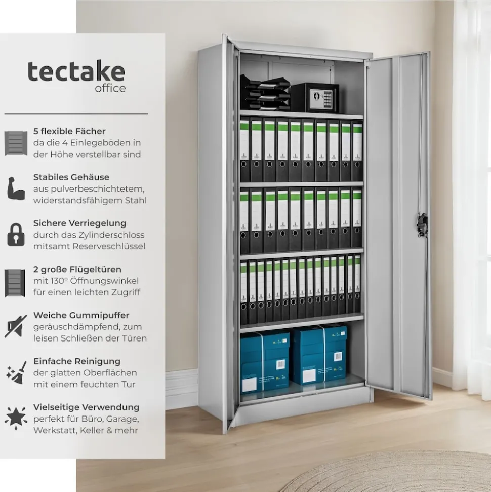 tectake® Aktenschrank, aus pulverbeschichtetem Stahl, 4 höhenverstellbare Einlegeböden, 180 x 80 x 40 cm