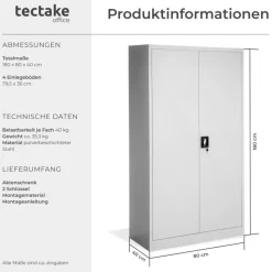 tectake® Aktenschrank, aus pulverbeschichtetem Stahl, 4 höhenverstellbare Einlegeböden, 180 x 80 x 40 cm