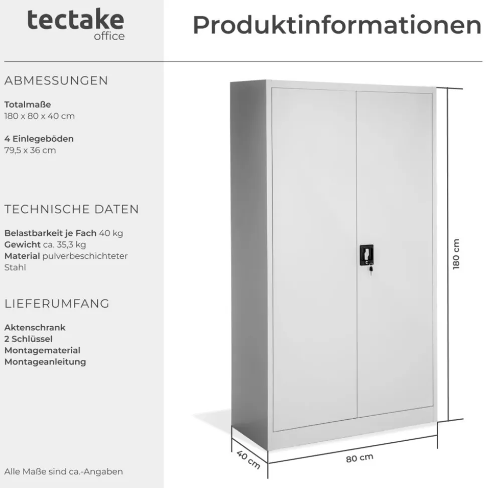 tectake® Aktenschrank, aus pulverbeschichtetem Stahl, 4 höhenverstellbare Einlegeböden, 180 x 80 x 40 cm