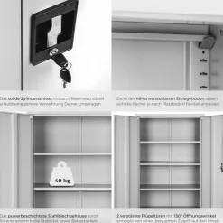 tectake® Aktenschrank, aus pulverbeschichtetem Stahl, 4 höhenverstellbare Einlegeböden, 180 x 80 x 40 cm