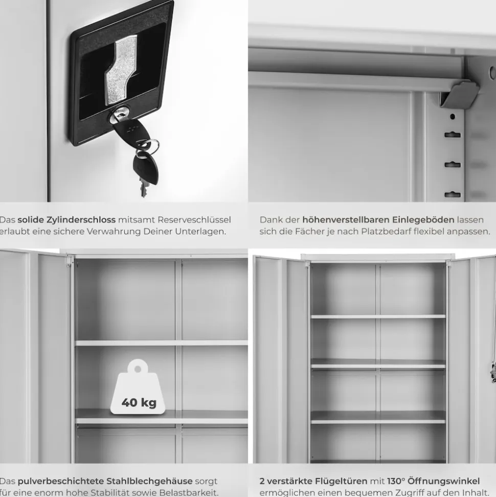 tectake® Aktenschrank, aus pulverbeschichtetem Stahl, 4 höhenverstellbare Einlegeböden, 180 x 80 x 40 cm