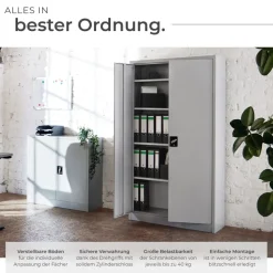 tectake® Aktenschrank, aus pulverbeschichtetem Stahl, 4 höhenverstellbare Einlegeböden, 180 x 90 x 40 cm