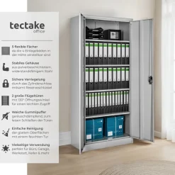 tectake® Aktenschrank, aus pulverbeschichtetem Stahl, 4 höhenverstellbare Einlegeböden, 180 x 90 x 40 cm
