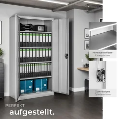 tectake® Aktenschrank, aus pulverbeschichtetem Stahl, 4 höhenverstellbare Einlegeböden, 180 x 90 x 40 cm