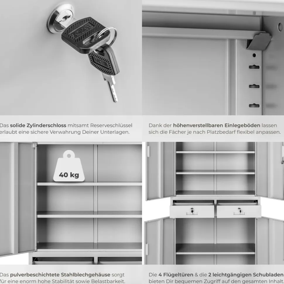 tectake® Aktenschrank, aus pulverbeschichtetem Stahl, 3 höhenverstellbare Einlegeböden, 180 x 80 x 40 cm
