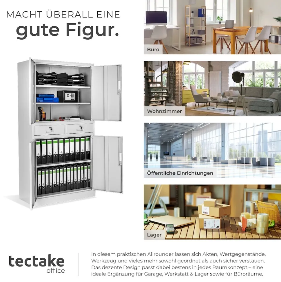 tectake® Aktenschrank, aus pulverbeschichtetem Stahl, 3 höhenverstellbare Einlegeböden, 180 x 80 x 40 cm