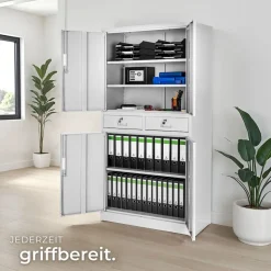tectake® Aktenschrank, aus pulverbeschichtetem Stahl, 3 höhenverstellbare Einlegeböden, 180 x 80 x 40 cm