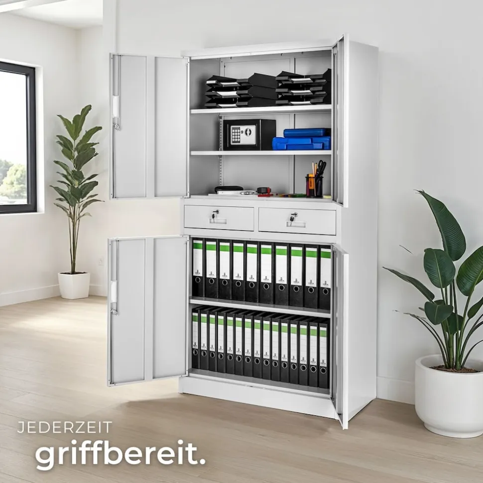 tectake® Aktenschrank, aus pulverbeschichtetem Stahl, 3 höhenverstellbare Einlegeböden, 180 x 80 x 40 cm