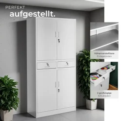 tectake® Aktenschrank, aus pulverbeschichtetem Stahl, 3 höhenverstellbare Einlegeböden, 180 x 80 x 40 cm