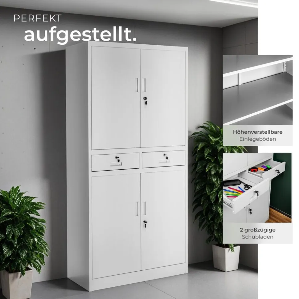 tectake® Aktenschrank, aus pulverbeschichtetem Stahl, 3 höhenverstellbare Einlegeböden, 180 x 80 x 40 cm