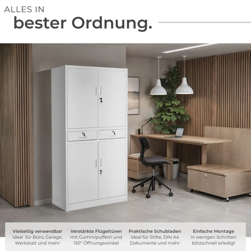 tectake® Aktenschrank, aus pulverbeschichtetem Stahl, 3 höhenverstellbare Einlegeböden, 180 x 80 x 40 cm