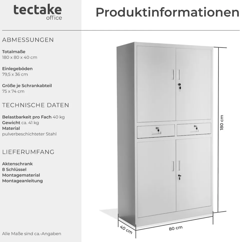 tectake® Aktenschrank, aus pulverbeschichtetem Stahl, 3 höhenverstellbare Einlegeböden, 180 x 80 x 40 cm
