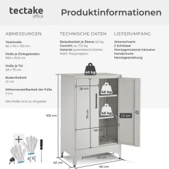 tectake® Aktenschrank, 60 x 40 x 100 cm, 2 verstellbare Zwischenböden, pulverbeschichteter Stahl, Kippschutz, höhenverstellbare Füße