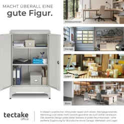 tectake® Aktenschrank, 60 x 40 x 100 cm, 2 verstellbare Zwischenböden, pulverbeschichteter Stahl, Kippschutz, höhenverstellbare Füße