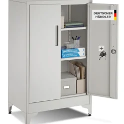 tectake® Aktenschrank, 60 x 40 x 100 cm, 2 verstellbare Zwischenböden, pulverbeschichteter Stahl, Kippschutz, höhenverstellbare Füße
