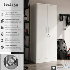 tectake® Aktenschrank, 60 x 40 x 180,5 cm, 4 verstellbare Zwischenböden, pulverbeschichteter Stahl, Kippschutz, höhenverstellbare Füße