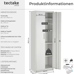 tectake® Aktenschrank, 60 x 40 x 180,5 cm, 4 verstellbare Zwischenböden, pulverbeschichteter Stahl, Kippschutz, höhenverstellbare Füße