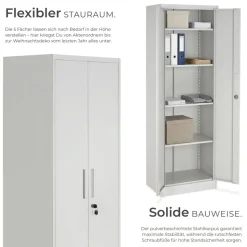tectake® Aktenschrank, 60 x 40 x 180,5 cm, 4 verstellbare Zwischenböden, pulverbeschichteter Stahl, Kippschutz, höhenverstellbare Füße
