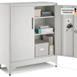 tectake® Aktenschrank, 80 x 40 x 100 cm, 2 verstellbare Zwischenböden, pulverbeschichteter Stahl, Kippschutz, höhenverstellbare Füße