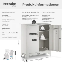 tectake® Aktenschrank, 80 x 40 x 100 cm, 2 verstellbare Zwischenböden, pulverbeschichteter Stahl, Kippschutz, höhenverstellbare Füße