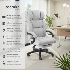 tectake® Bürostuhl, dicke Polsterung mit weichem Velours, ergonomische Form, Belastbarkeit 120 kg