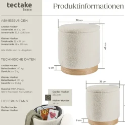 tectake® 2er Set Sitzhocker mit Stauraum, rund, gepolstert, mit Bouclé-Bezug
