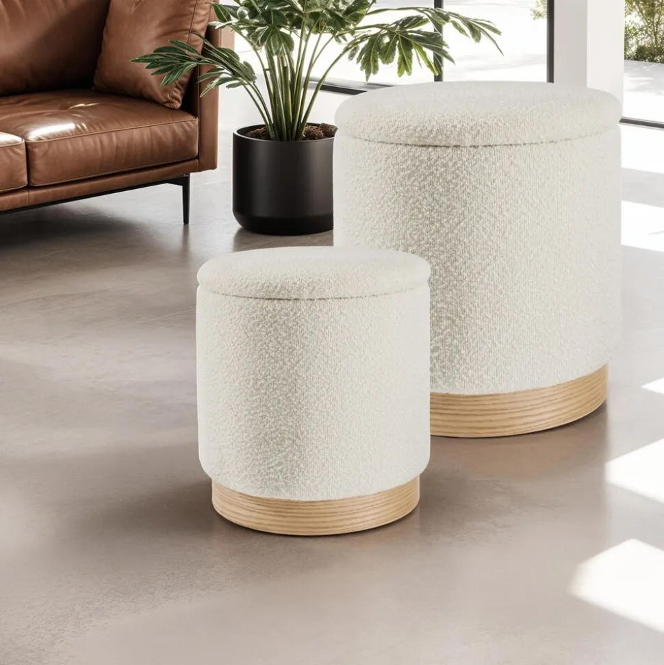 tectake® 2er Set Sitzhocker mit Stauraum, rund, gepolstert, mit Bouclé-Bezug