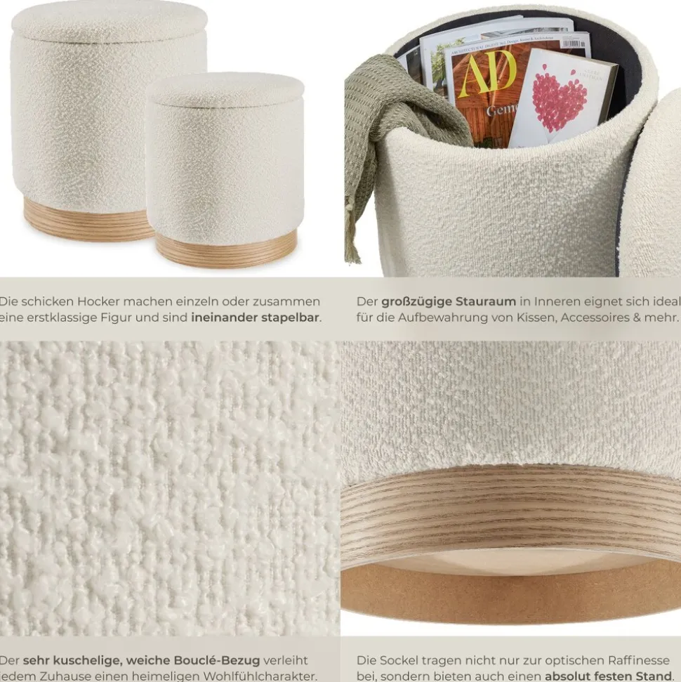tectake® 2er Set Sitzhocker mit Stauraum, rund, gepolstert, mit Bouclé-Bezug