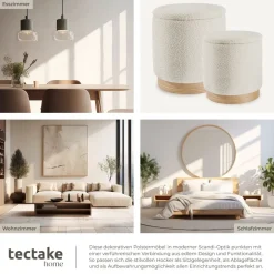 tectake® 2er Set Sitzhocker mit Stauraum, rund, gepolstert, mit Bouclé-Bezug