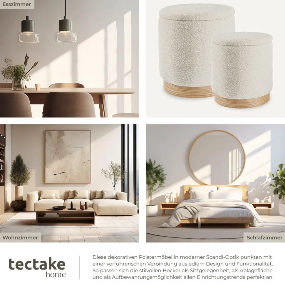 tectake® 2er Set Sitzhocker mit Stauraum, rund, gepolstert, mit Bouclé-Bezug