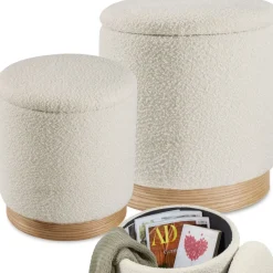 tectake® 2er Set Sitzhocker mit Stauraum, rund, gepolstert, mit Bouclé-Bezug