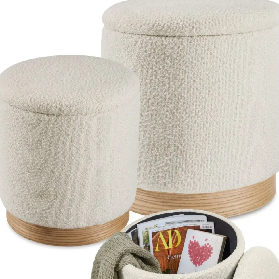 tectake® 2er Set Sitzhocker mit Stauraum, rund, gepolstert, mit Bouclé-Bezug