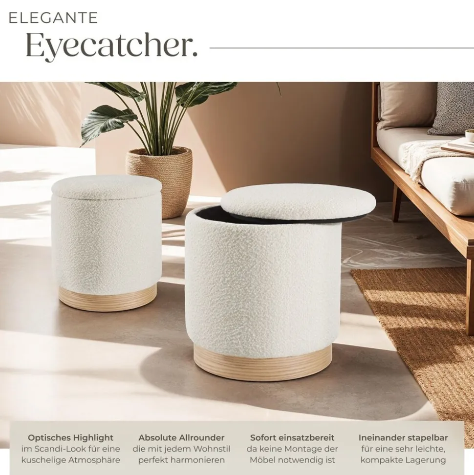 tectake® 2er Set Sitzhocker mit Stauraum, rund, gepolstert, mit Bouclé-Bezug
