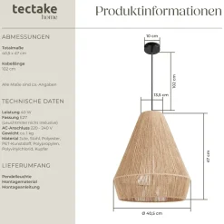 tectake® Pendelleuchte, Boho-Stil, Wickeltechnik, 40 W, Stahlgestell, 40,5 x 47 cm
