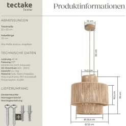 tectake® Pendelleuchte, Boho-Stil, Wickeltechnik, 40 W, Stahlgestell, 32 x 33 cm