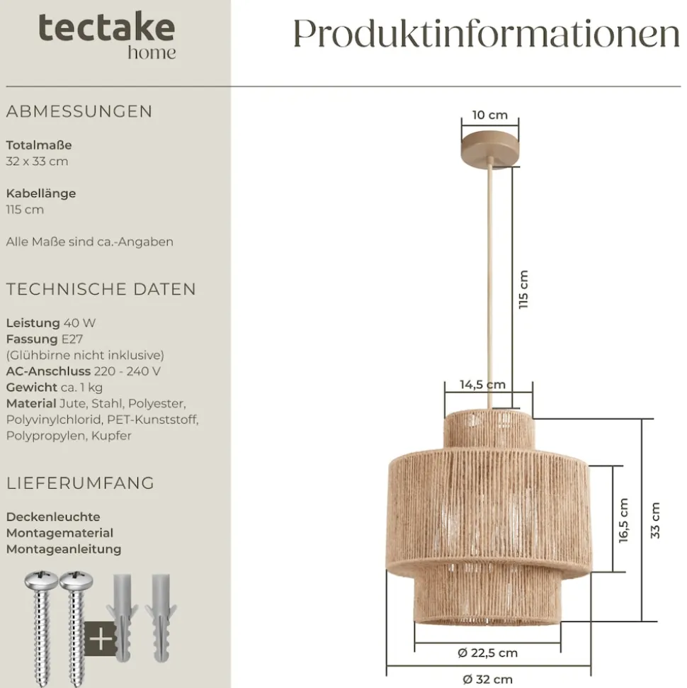 tectake® Pendelleuchte, Boho-Stil, Wickeltechnik, 40 W, Stahlgestell, 32 x 33 cm