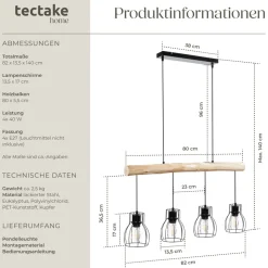 tectake® Pendelleuchte, 4-flammig, 4x E27, 40 W, massiver Holzbalken, Gitter-Lampenschirme, 82 x 13,5 x 140 cm