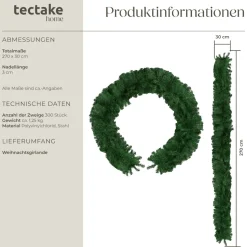 tectake® Weihnachtsgirlande, naturgetreu, 180 Zweige, mit Schlaufe zum Aufhängen