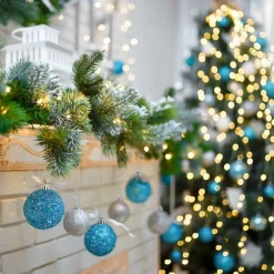 tectake® Weihnachtskugeln, 64er-Set in SIlber und Blau, matt, glänzend, glitzernd und mit Eisblumen-Verzierung, Durchmesser 6 cm