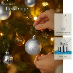tectake® Weihnachtskugeln, 64er-Set in SIlber und Blau, matt, glänzend, glitzernd und mit Eisblumen-Verzierung, Durchmesser 6 cm