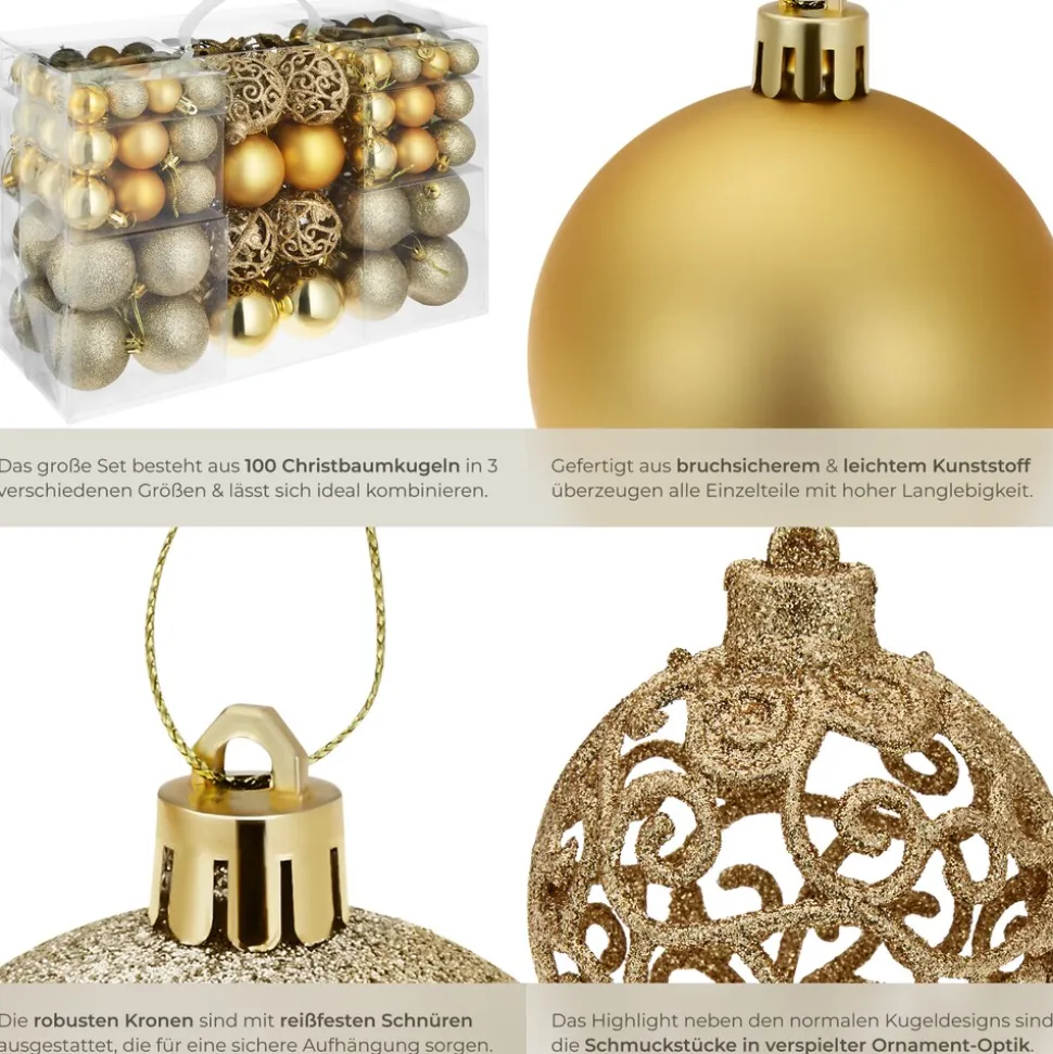 tectake® Weihnachtskugeln, 100er-Set in Gold, matt, glänzend und glitzernd, Durchmesser 3, 4 und 6 cm