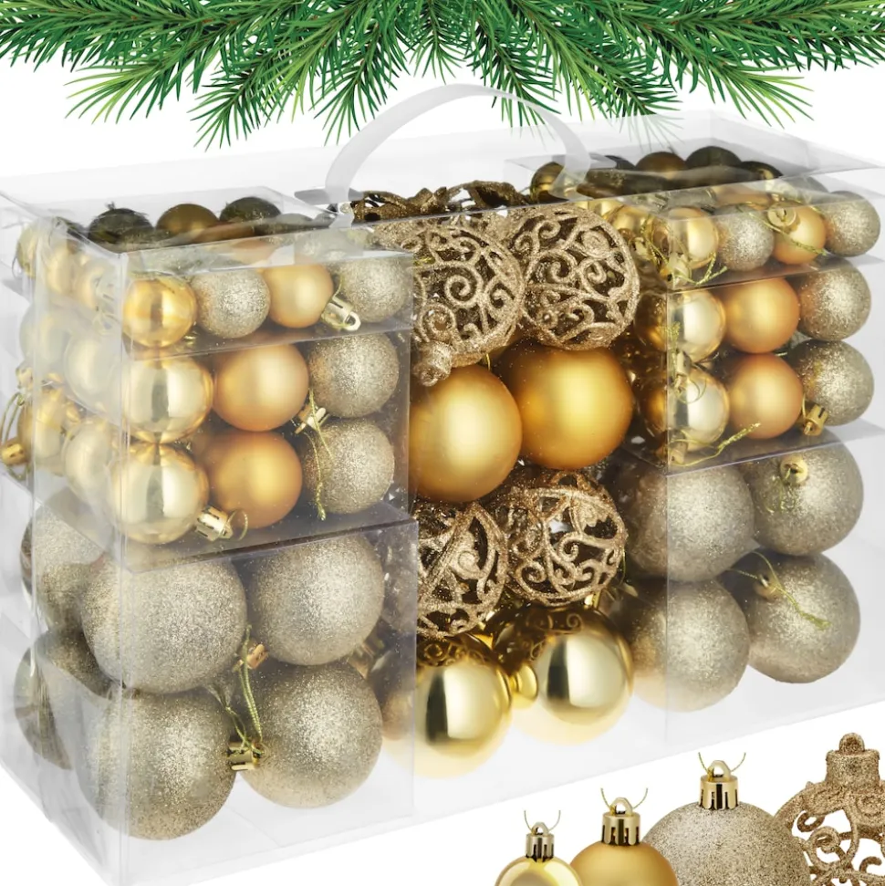 tectake® Weihnachtskugeln, 100er-Set in Gold, matt, glänzend und glitzernd, Durchmesser 3, 4 und 6 cm