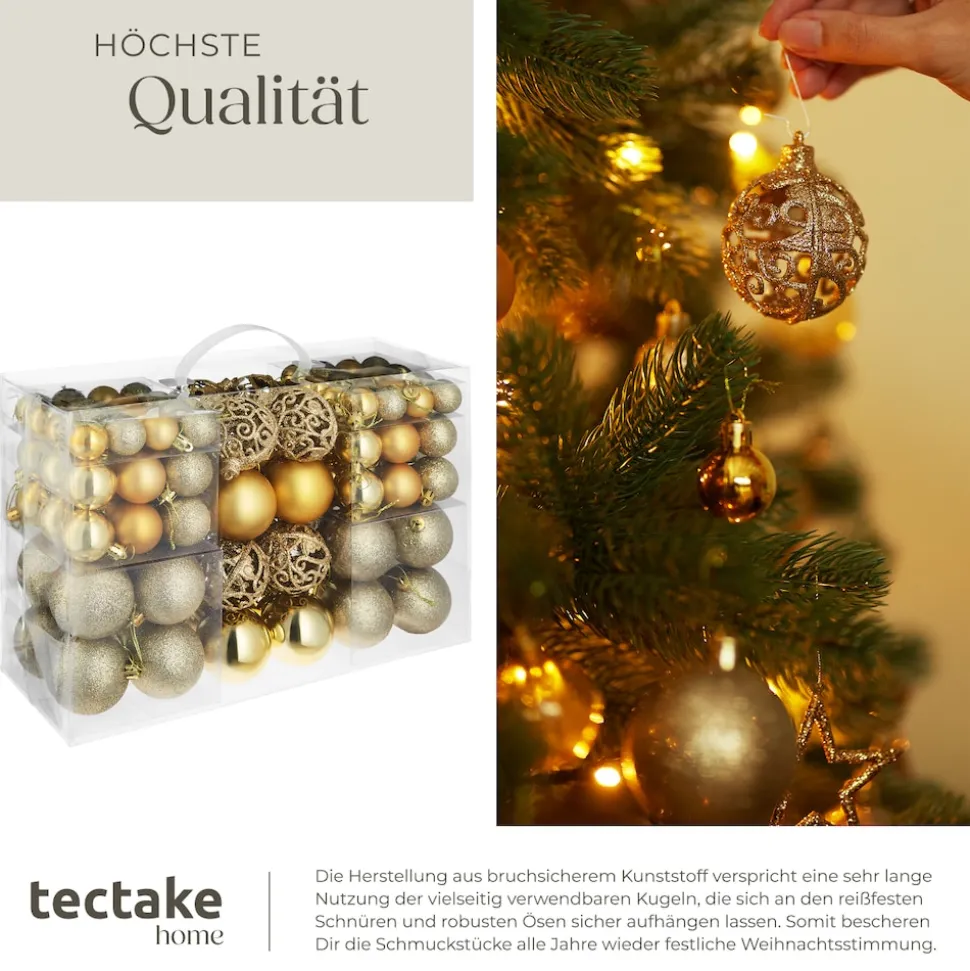 tectake® Weihnachtskugeln, 100er-Set in Gold, matt, glänzend und glitzernd, Durchmesser 3, 4 und 6 cm