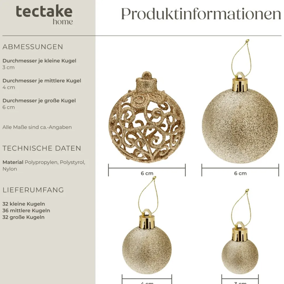 tectake® Weihnachtskugeln, 100er-Set in Gold, matt, glänzend und glitzernd, Durchmesser 3, 4 und 6 cm