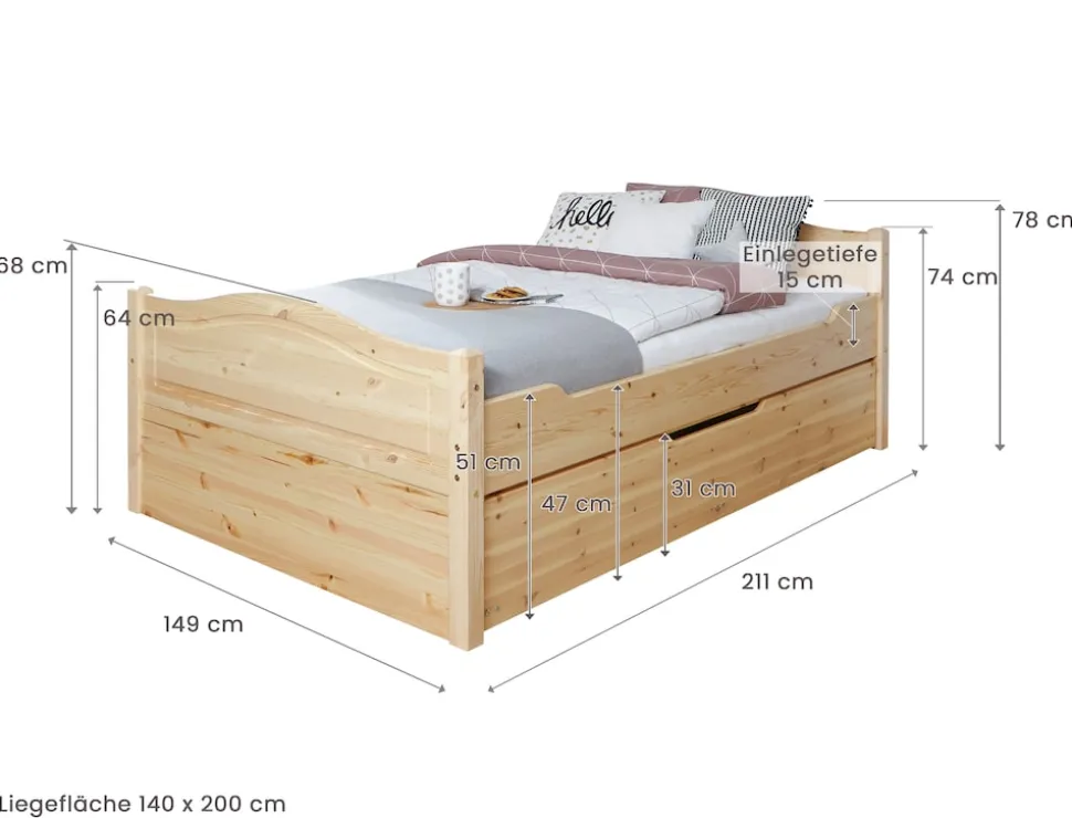 TiCAA Doppelbett "Leni" 140x200 mit 2er Schubkästen