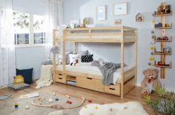 TiCAA Etagenbett Finn Natur mit 4er Funktionsschubkasten