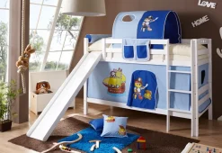 TiCAA Etagenbett mit Rutsche "Lupo" Buche massiv Weiß Motiv