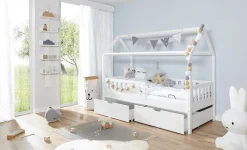 TiCAA Hausbett "Traumhaus" mit 2er Schubkästen Kiefer Weiß